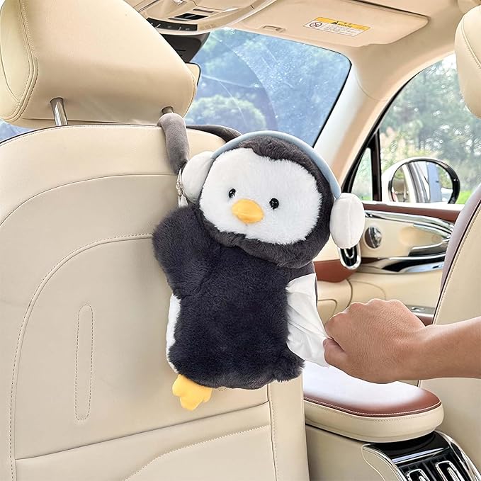 Tissue Box Cover Plush Tissue Box Holder for Car, Home, Decorative Holder/Organizer for Bathroom Vanity Countertop, Nightstands, Office Desk-Penguin