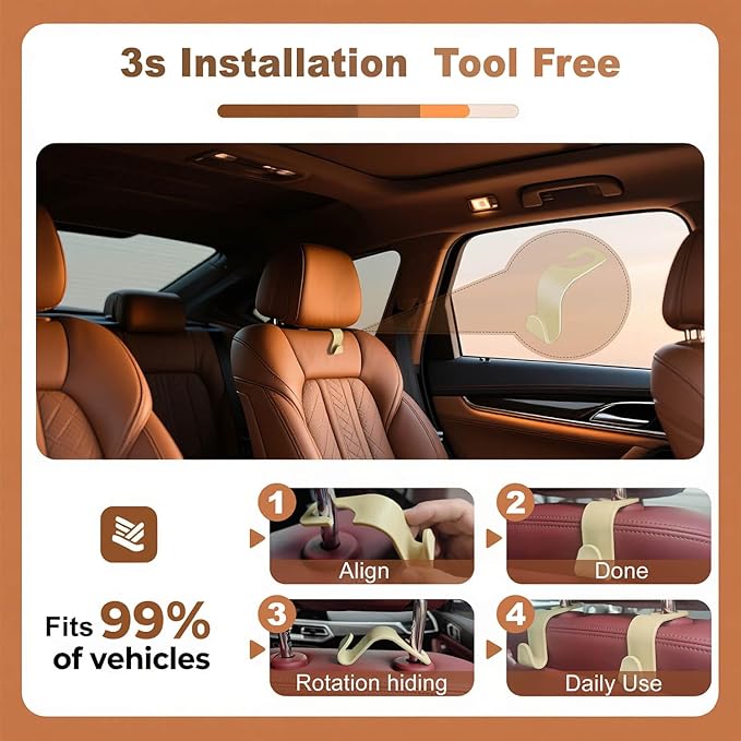 Car Seat Hooks & Purse Holder - 4 Pack Boxed,55 lb Heavy Duty,Eco PP Car Hooks for Purse/Bag/Baby Gear/Gym Bag/Groceries/Cup/,Fits 0.32-0.55”Car Headrest Rods (Beige-2)