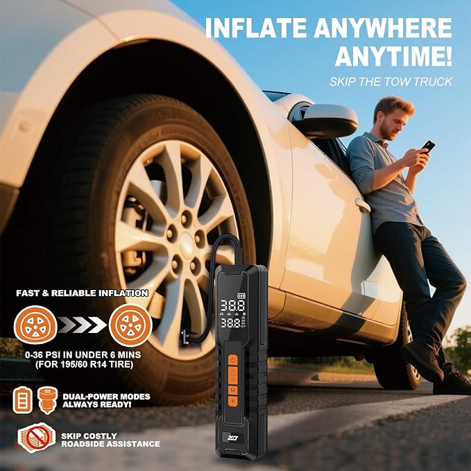 YIMWMIY Tire Inflator Portable Air Compressor – Emergency Flat Tire Rescue & Pressure Maintenance Tool, Cordless Pump with 150PSI, LCD Screen, Auto Shut-Off – for Car, Motorcycle, Bicycle, Balls