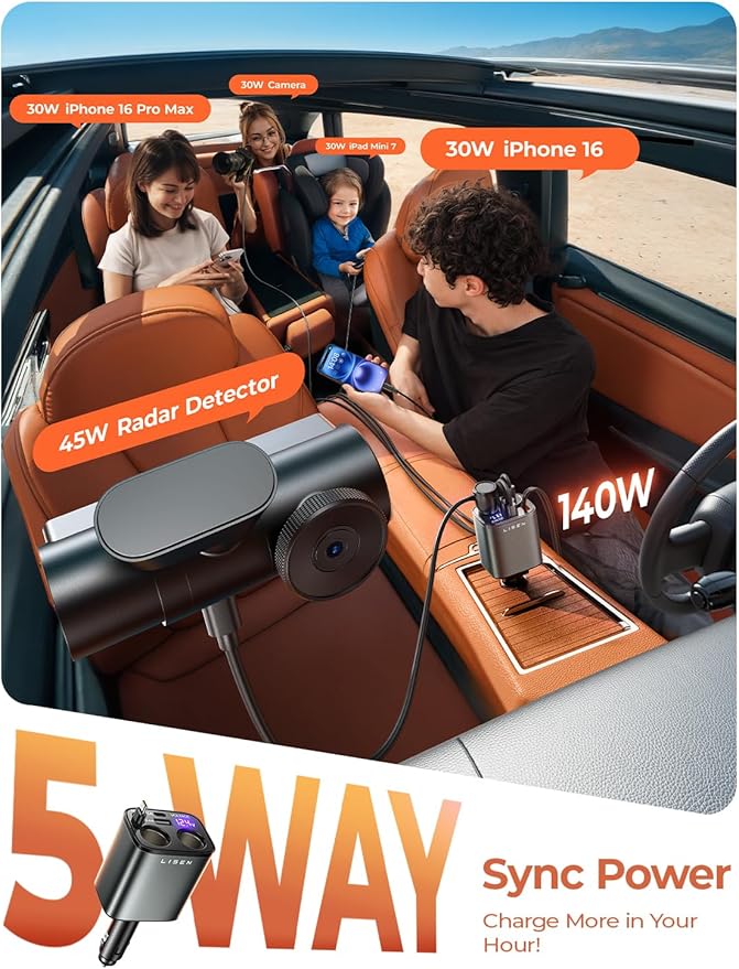 LISEN Car Cigarette Lighter Splitter, Metal 90W Dual Cigarette Lighter Adapter Metal with PD30W Retractable Car Charger, LED Voltage12V/24V Car Charger Splitter for iPhone 16, GPS, DashCam