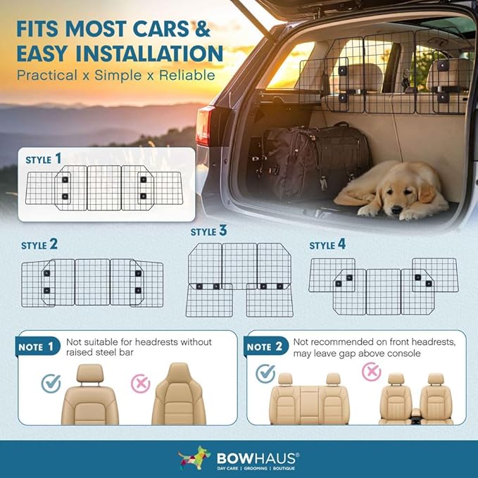 BOWHAUS Dog Car Barrier, Dog Divider for SUVs, Trucks, Vehicles, Heavy-Duty Wire Mesh Adjustable & Foldable Pet Barrier for Cargo Area, Car Safety Accessories, Hardware Included