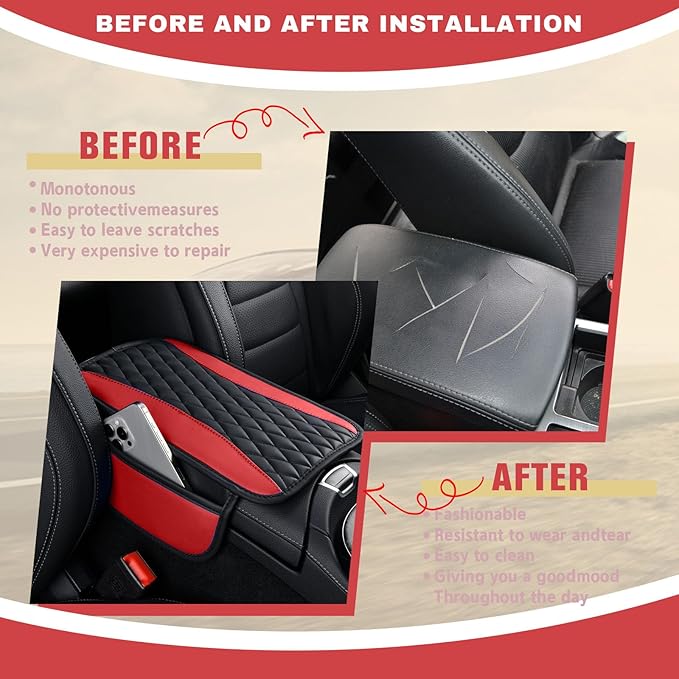 Leather Car Center Console Cover with Side Pockets, Upgraded Arm Rest Cover for Car Seat Organizer, Middle Console Cover Stylish Car Decoration, Universal for Most Vehicles (Red)