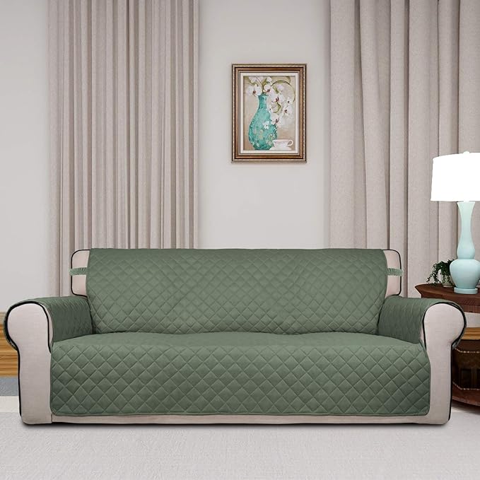 PureFit Reversible Quilted Sofa Cover, Water Resistant Slipcover Furniture Protector, Washable Couch Cover with Non Slip and Elastic Straps for Kids, Dogs, Pets (Sofa, Greyish Green/Beige)