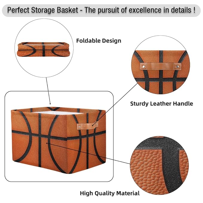 Basketball Texture Storage Baskets for Organizing, Fabric Collapsible Storage Bins Box Sport Pattern Decorative Toy Organizer Baskets for Closet Shelves Gift Basket 2Pcs