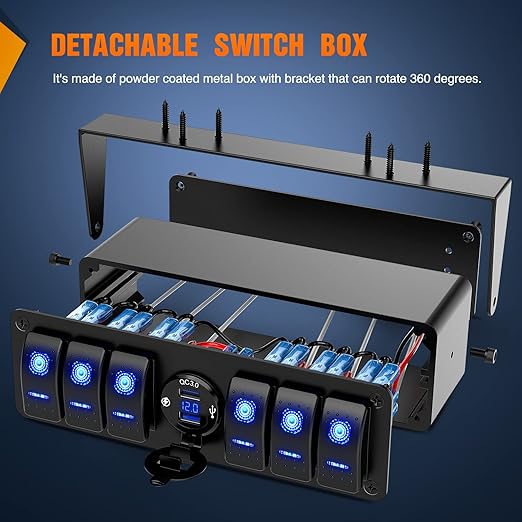 Nilight 6 Gang Rocker Switch Box 12V SPST ON Off Switch QC 3.0 USB Charger Voltmeter Waterproof Aluminum Rocker Switch Panel Night Glow Stickers for Boats Cars RVs Trucks, 2 Years Warranty,Blue