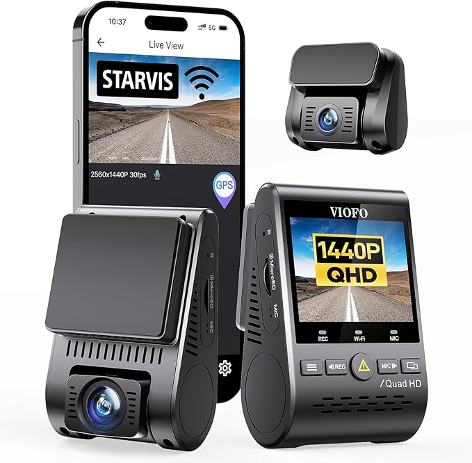 VIOFO Dual Dash Cam, 2K 1440P 60fps+1080P 30fps Front and Rear Dash Camera with Wi-Fi GPS, Parking Mode, Emergency Recording, Super Capacitor, Motion Detection (A129 Plus Duo)
