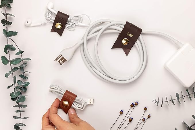 KEYAIIRA - Set of 3 Personalized Leather Cable Cord Holders Gold Snap Closure - laptop charging cord keeper, earbud wire organizer customized monogram gift tech, stocking stuffer, travel accessories