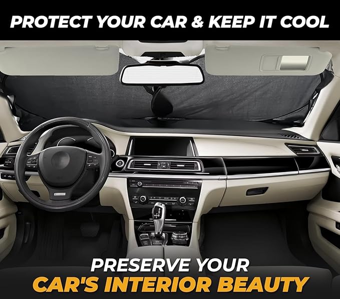 Car Shade Front Windshield, Small (59" x 29") - 240T Reflective Polyester Sunshade Blocks 99% UV Rays and Heat, Foldable with Storage Bag Fits Coupe, Hatchback, Small Sedan, Sports Model Cars