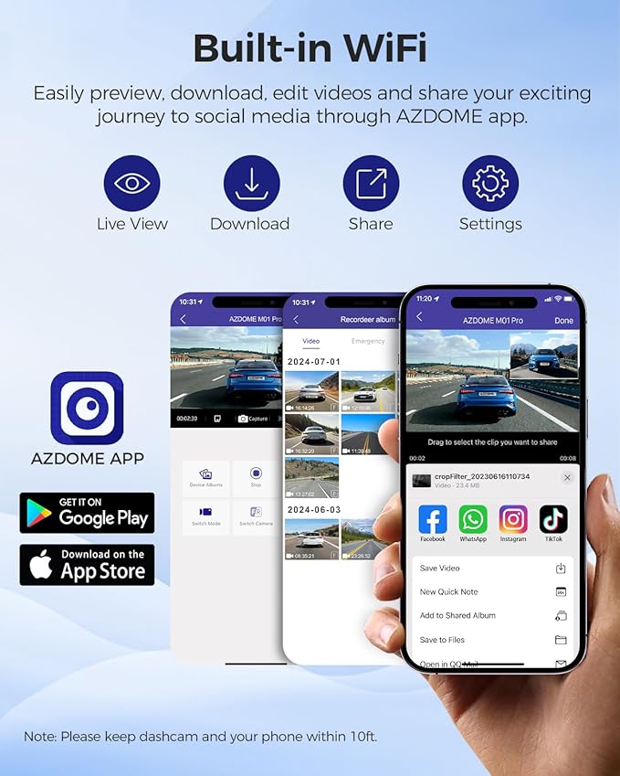 AZDOME Upgraded M01 Pro 3K WiFi Dash Cam Front and Rear, Free 64GB Card, App Control Dashboard Camera for Car, G-Sensor Parking Modes Dashcam, ADAS, Loop Recording (Matte Black)