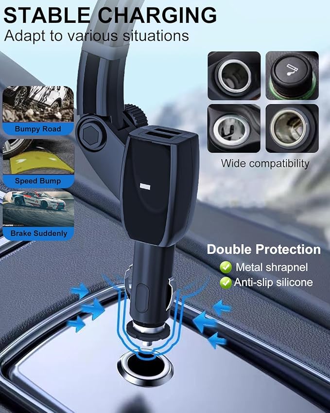 Cigarette Lighter Phone Holder Car Mount Charger [Dual USB Fast Charging] Car Cigarette Lighter Socket Phone Mount with Adjustable Arm, Car Phone Holder Charger for iPhone 16 Pro, Galaxy S24