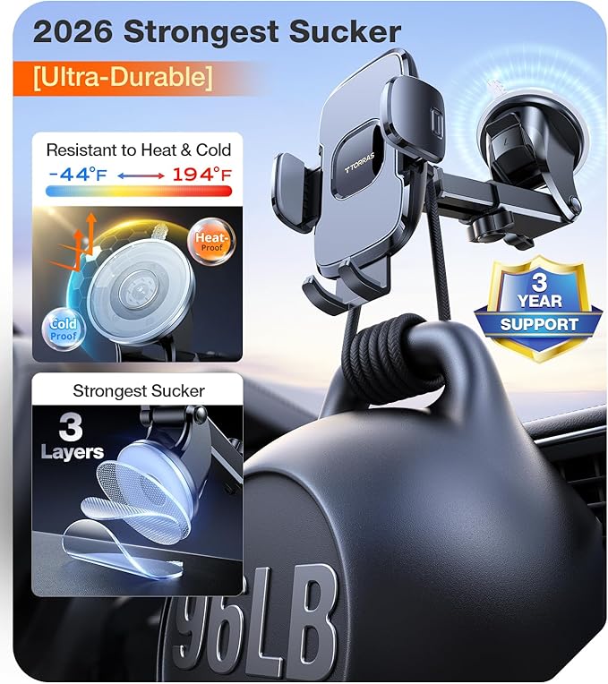 TORRAS Military-Grade Phone Holders for Your Car【96+LBS Strongest Suction】Car Phone Holder Mount, Ultra-Durable Cell Phone Car Mount Truck for Dashboard Windshield Vent for iPhone 17 16 15 Pro Max Air