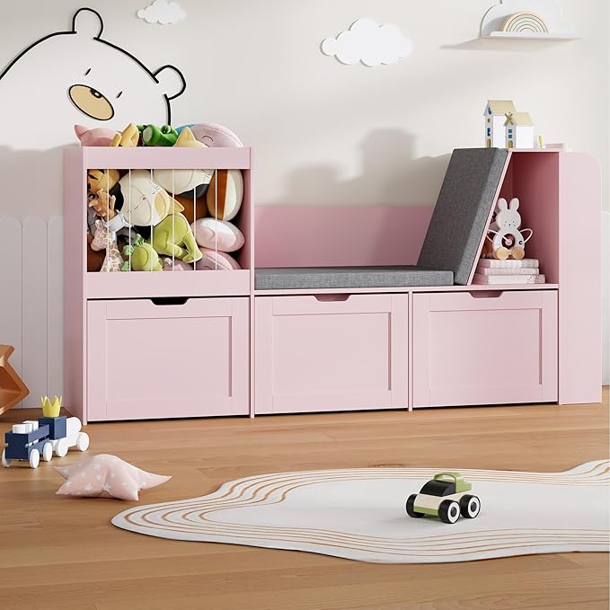66.9" Kids Reading Nook, Toy Storage Organizer with Stuffed Animal Storage, Bench and Removable Cushions, Wooden Toddler Bookshelf with 3 Movable Drawers for Nursery, Playroom (Pink)