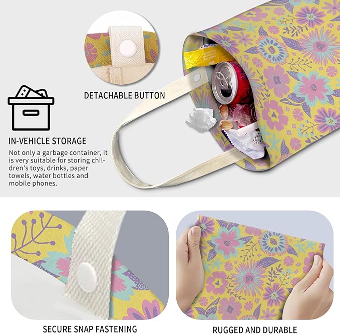 Cute Car Trash Can, Hanging Canvas Car Back Seat Organizer and Storage Bag, Funny Car Trash Bag for Travelling, Outdoor Cute Yellow Purple Daisy