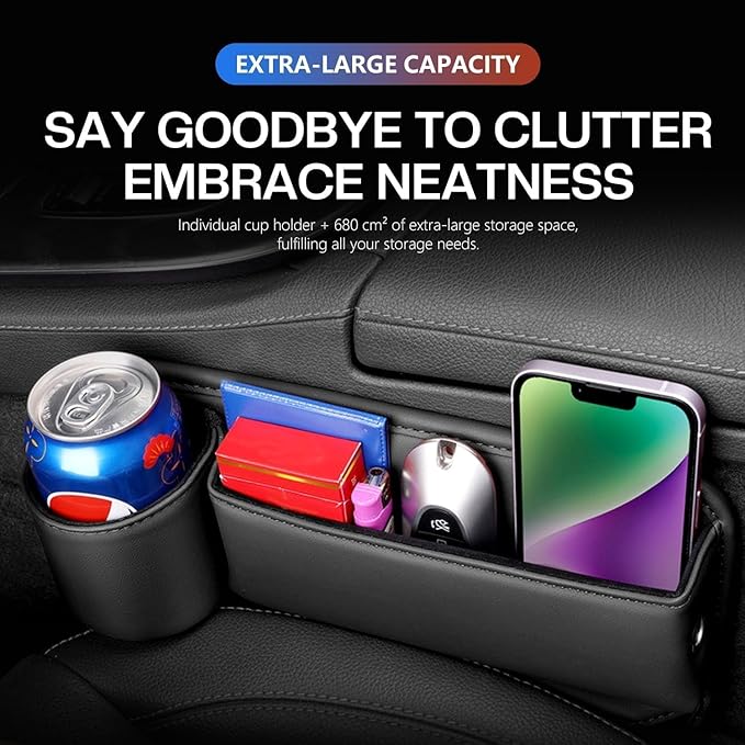 2025 New Car Seat Gap Filler Organizer, Car Seat Gap Filler with Cup Holder and Storage for Keys, Cards, Phone, Sunglasses and Small Items (Black, A Pair)