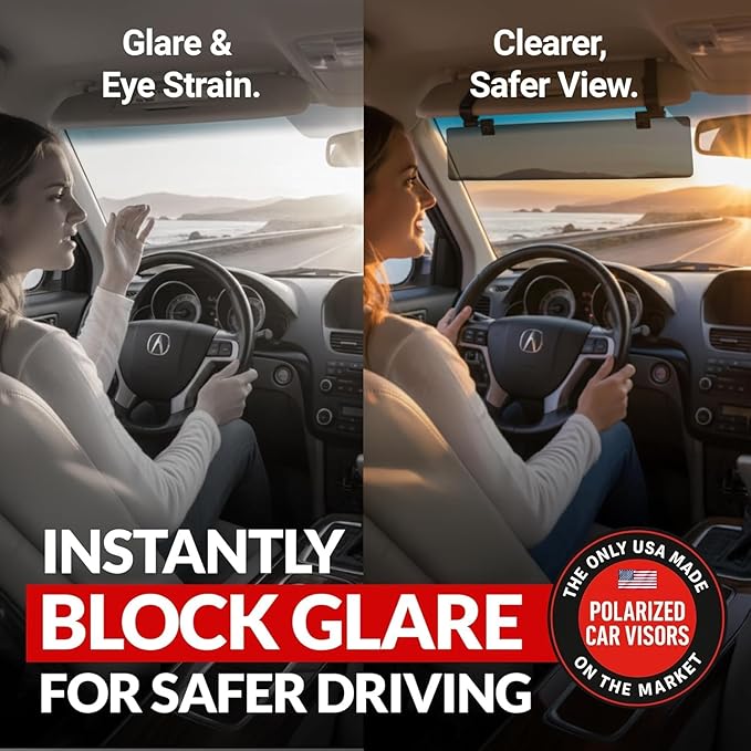 Glare Guard Professional-Grade Polarized Sun Visor Extender –Anti-Glare Sun Glare Blocker for Car Windshields, Adjustable Clip-On UV400 Tinted Visor Extension for Cars, Trucks & SUV (w/Storage Pouch)