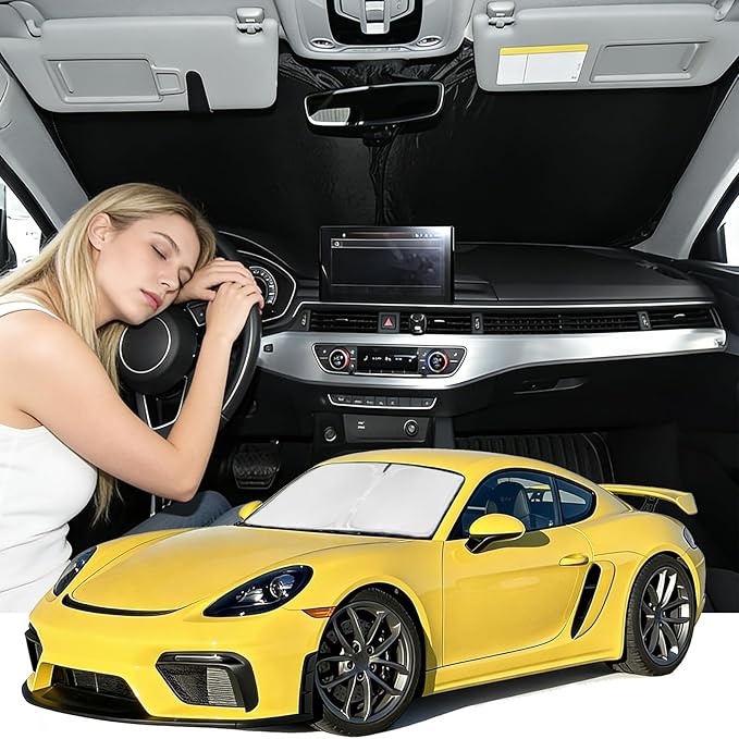 Windshield Sunshade for Porsche Boxster/Cayman 718 2017-2023 Sun Shade Car Windshield Accessories Upgrade 4 Layers Blocks UV Rays Custom Fit Cayman 240T Car Window Shades Keep Cool Foldable