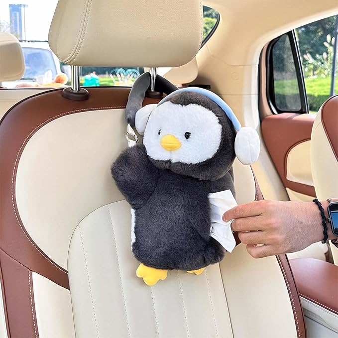 Tissue Box Cover Plush Tissue Box Holder for Car, Home, Decorative Holder/Organizer for Bathroom Vanity Countertop, Nightstands, Office Desk-Penguin