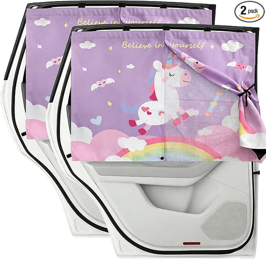 Car Window Shade for Baby, 2 Pack Magnetic Double Layer Cute Unicorn Car Shades for Side Windows, Adjustable Privacy Blackout/See-Through Window Curtains for Baby Kids UV Protection