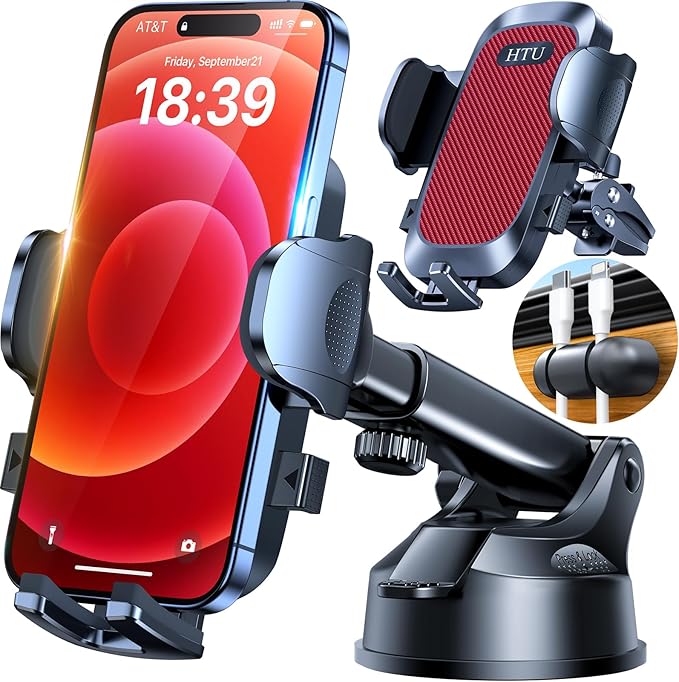 HTU 2026 Upgraded [True Military-Grade] Car Phone Holder【Safety Certs & No Smell】 Cell Phone Holder for Car Mount for Dashboard Windshield Air Vent Long Arm Thick Case,Red