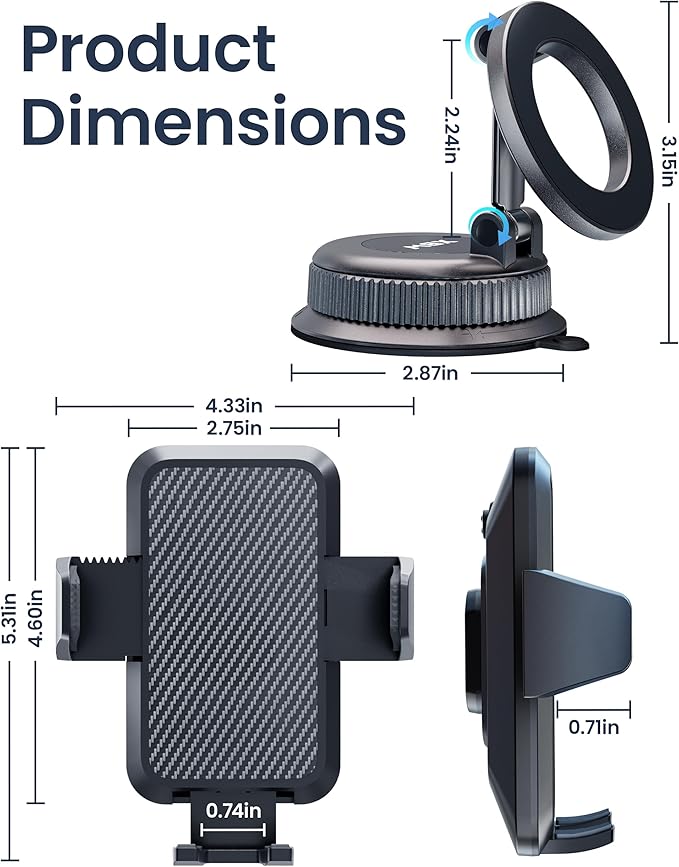 for Magsafe Car Mount [with Magnetic Clip] 2-in-1 Universal Suction Phone Mount for Dashboard 360° Windshield Car Phone Holder for Car for iPhone 17 16 15 Pro Max Samsung Galaxy S25 Android Cell