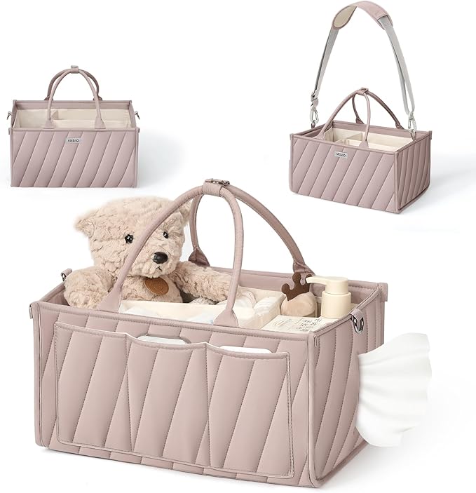 Diaper Caddy Organizer – Portable Storage Basket with Shoulder Strap & Stroller Hooks, Splashproof Quilted Nursery & Car Tote, Gender Neutral Gift for Baby Shower, Smoky Gray
