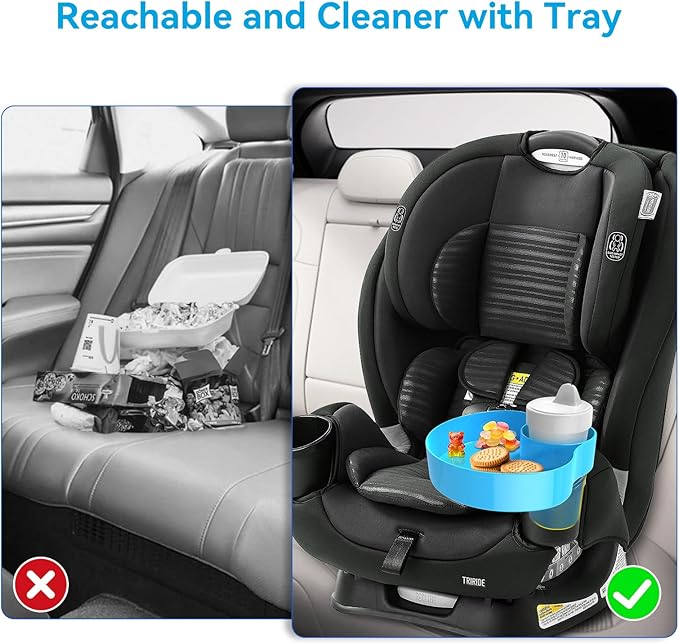 [2 PACK]Kids Car Seat Cup Holder Snack Tray - Toddler Travel Essentials for Mess-Free Snacking on Road Trips, Travel Accessory Compatible with Safety Seats & Strollers Console, (Sky Blue+Pink)