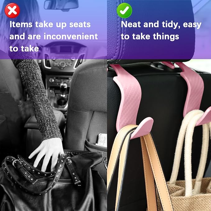 Car Seat Headrest Hooks, 4PCS Carbon Fiber Vehicle Back Seat Storage Hanger Holder for Hangbag Coat Grocery, Automotive Interior Headrest Hook Organizer, Universal for Vehicles (Pink)