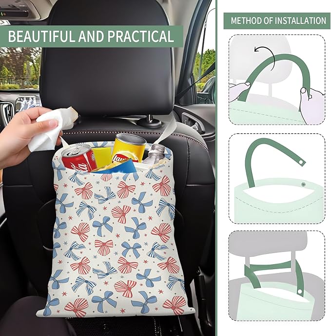 Cute Car Trash Can, Hanging Canvas Car Back Seat Organizer and Storage Bag, Funny Car Trash Bag for Travelling, Outdoor Cute Blue Red Bow