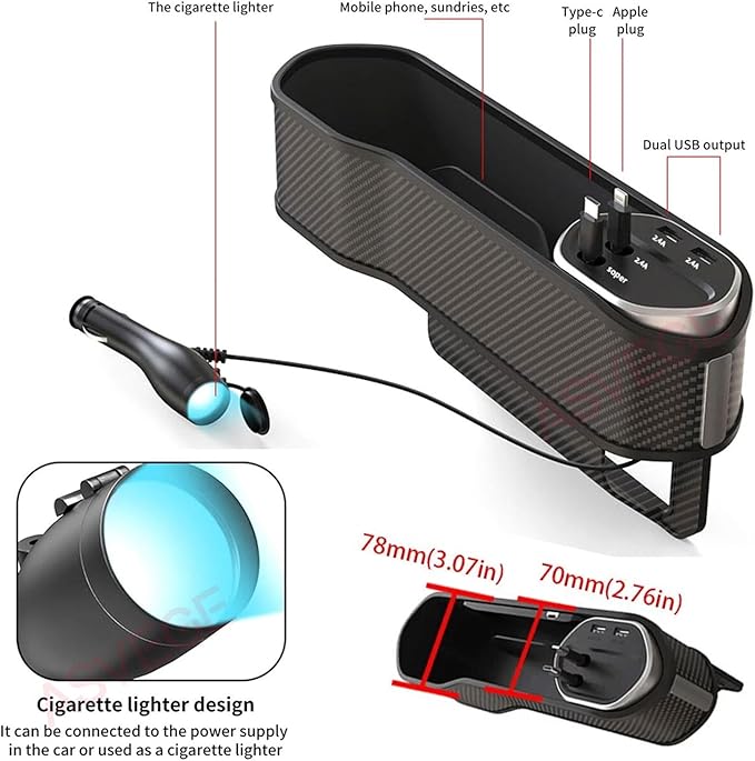 Car Seat Gap Filler Organizer with Wireless Charger,2 USB Ports and 2 Retractable Charging Cable of Type C, iOS, Multifunctional Storage Box with Cup Holder Cigarette Lighter Quick Charge