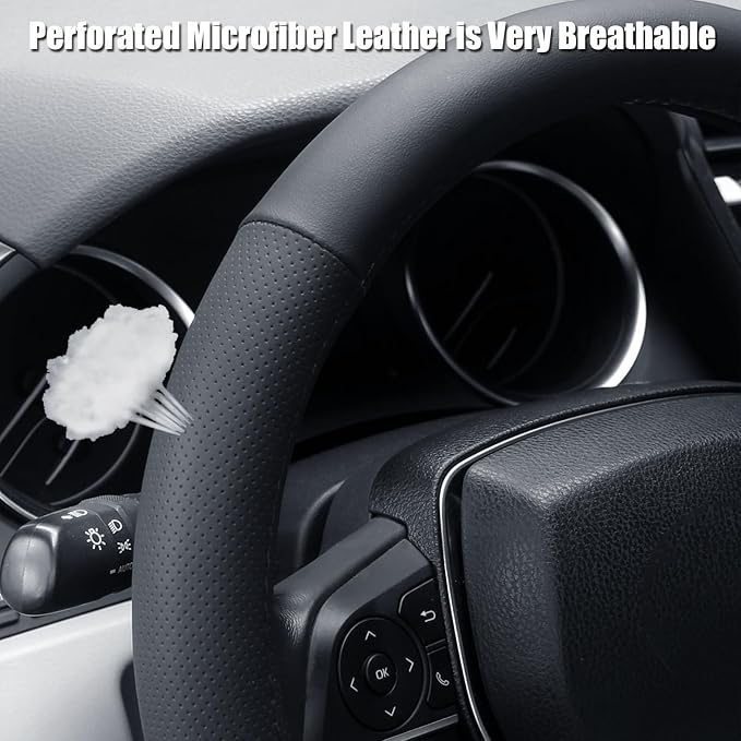 Steering Wheel Cover Small Size 14-14.25 inch, Non-Slip Car Wheel Protector for Prius Civic Model 3 Model Y Camaro, Breathable Microfiber Leather, Black