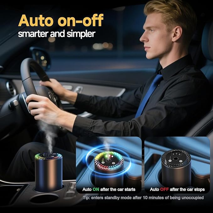 Smart Car Air Freshener with Star Light & 150ml Diffusers Oil Refills, Auto On/Off Aroma Diffuser, 3 Adjustable Modes Rechargeable Aromatizante para Carro - Car Diffuser（Cologne+Ocean+Serendipity）