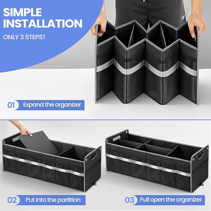 Car Trunk Organizer, Car Storage Organizer, Collapsible Multi Compartment for Car, Suv, Sedan, Truck, 100L, Extra Larger (Black, 100L)