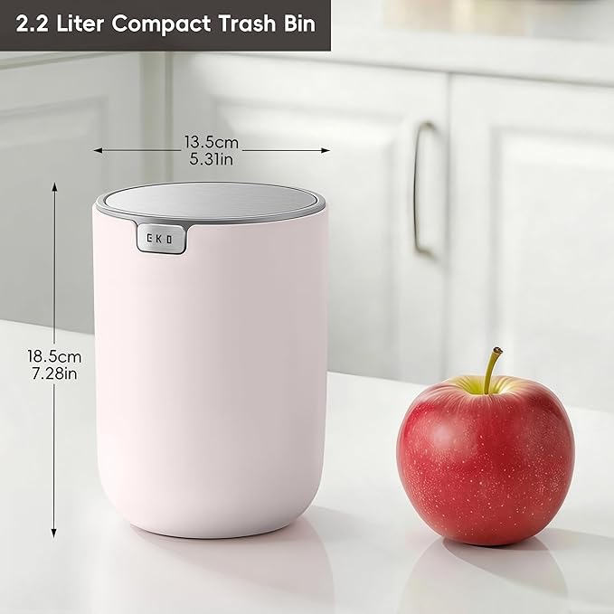 EKO Fandy 0.58 Gal/2.2L Mini Trash Can with Lid, Swing-Top Desktop Trash Can for Bathroom, Countertop, Vanity, Desk or Office, Small Garbage Bin (Pink)
