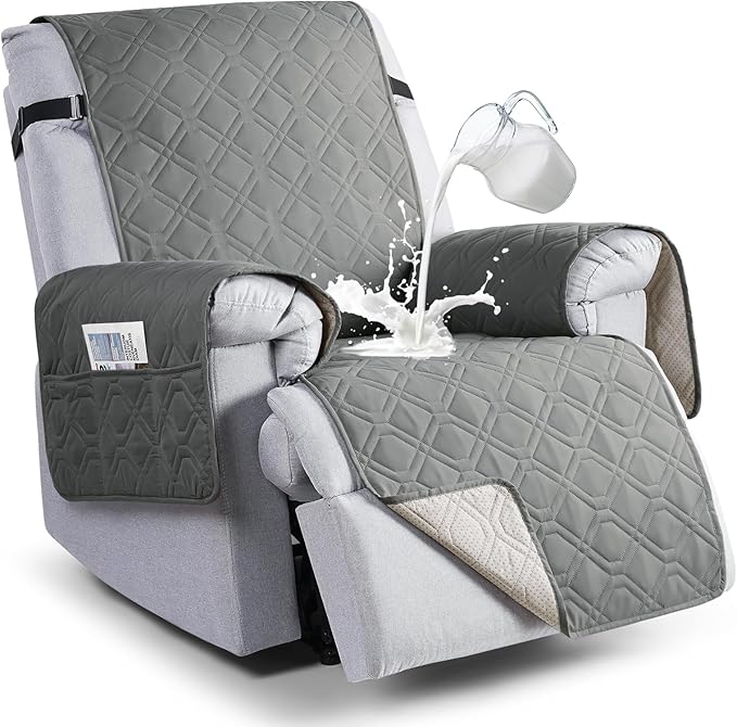 VANSOFY 100% Waterproof Recliner Chair Covers, Recliner Cover Non-Slip Dog Chair Cover Furniture Protector Washable Slipcover with Pocket, Elastic Straps for Pets, Dogs(Gray, 28")