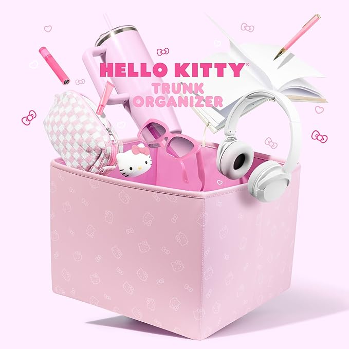 Sanrio Hello Kitty Car Trunk Organizer & Steering Wheel Cover Set – Cute, Non-Slip, Soft Grip Car Accessories for Women – Collapsible Storage Bin for Groceries, Tools & Travel – 12.5"L x 12.5"W x 9"H
