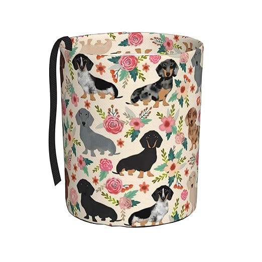 Dachshund Sausage Dogs Pink Flowers Print Car Trash Can Leak Proof Hanging Waterproof Garbage Can Multipurpose Trash Bin for Car SUV Front Seat Headrest Collapsible and Portable Storage Pocket