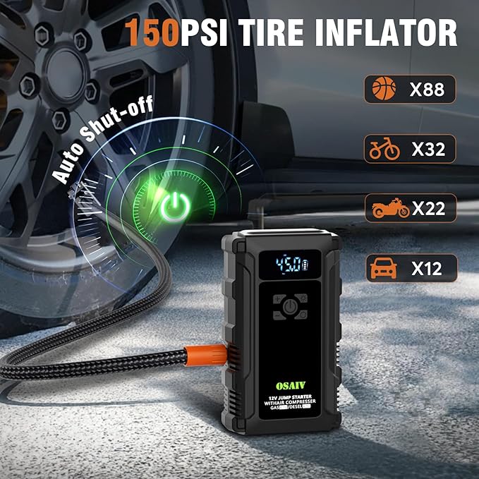 Jump Starter with Air Compressor, 3000A Car Battery Jump Box for 8.5 Gas/6.5L Diesel Vehicles, 150PSI Tire Inflator Auto-Shutoff, 10 Safety Modes, 3-Mode Emergency Light