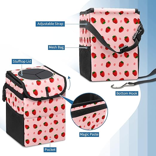Cute Strawberry Collapsible Reusable Waterproof Car Trash Can with Lid, Automotive Garbage Can, Car Organizer