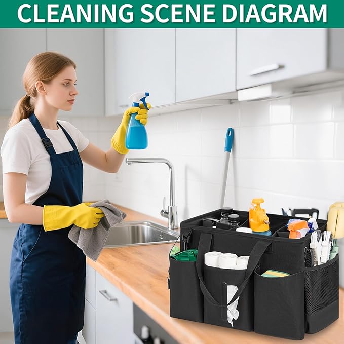 Wearable Cleaning Caddy Bag for Cleaning Supplies, Large Capacity Cleaning Organizer Tote Bag Kitchen Cleaning Supplies Storage Bag for Cleaners Housekeepers (Black)