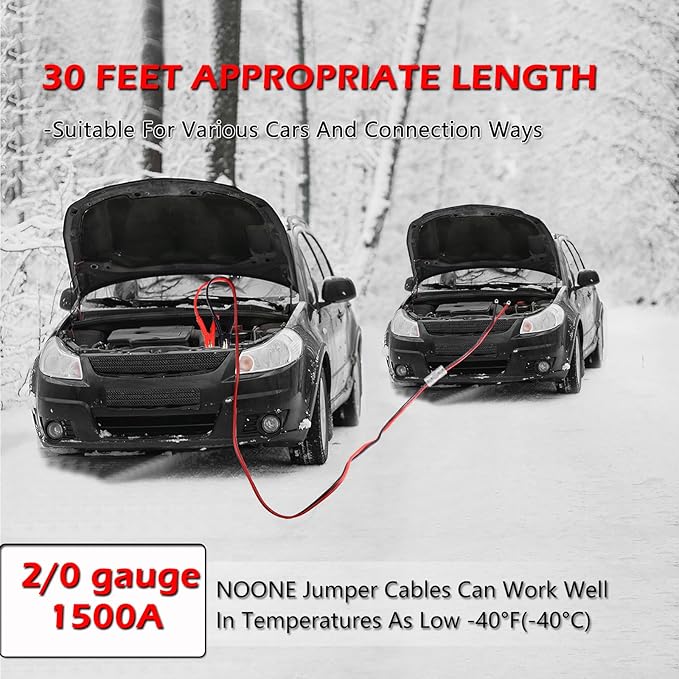 NOONE 2/0 Gauge 30 FT Heavy Duty Jumper Cables - 1500Amp Quick Connect Automotive Booster Jumper Cables for Car, SUV and Truck Battery - Jumper Cables Kit with Gloves, Goggles, Brushes in Carry Bag