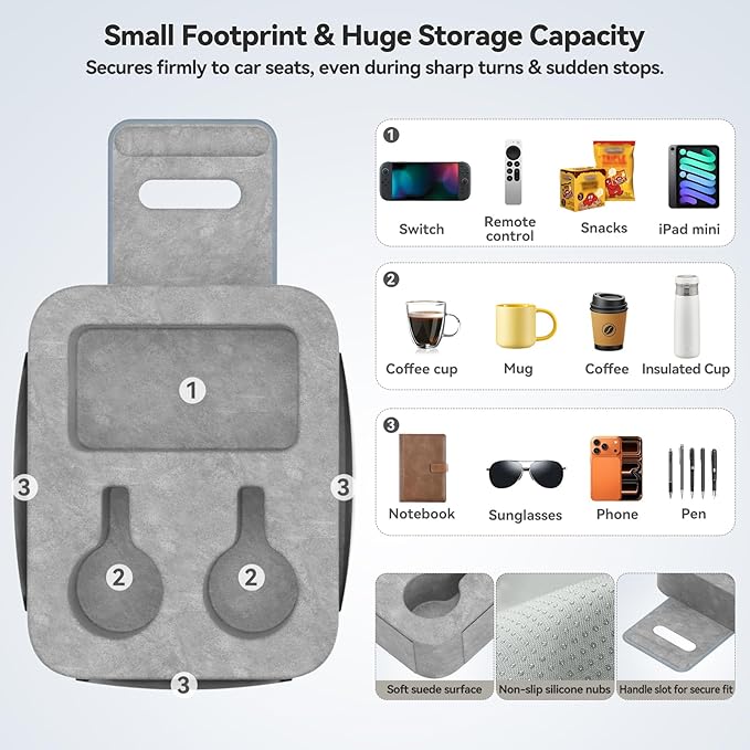 Car Cup Holder Pillow, Backseat Car & Bench Seat Cup Holder for iPad, Switch, Controllers, Remotes, Glasses, Drink Holder for Car, Couch, Bed, Desk, Camping, Automotive Cup Holders, Sofa Caddy, Gray