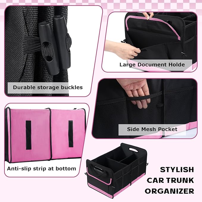 Car Trunk Organizer, 72L Large Capacity Waterproof Auto Storage Organizer with Non-Slip Bottom Strips, Collapsible Cargo Organizer for Suv, Truck, Sedan, Portable Car Accessories for Women Men(Pink)