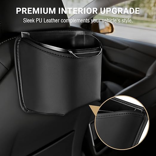 Car Trash Can with Removable Leakproof Liner – Clip On Trash Bin for Seat Back, Door Pocket & Headrest – Sturdy PU Leather Garbage Can Organizer for Luxury Cars, SUV, Truck & Sedan