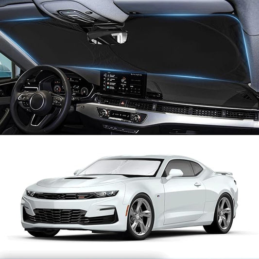for Chevy Camaro Coupe 2024 Windshield Sun Shade Foldable Sunshade for Chevrolet Camaro Coupe 2016-2024 2025 Windshield Cover 210T Reflective Front Window Protector Blocks UV Sun Visor Car Accessorie