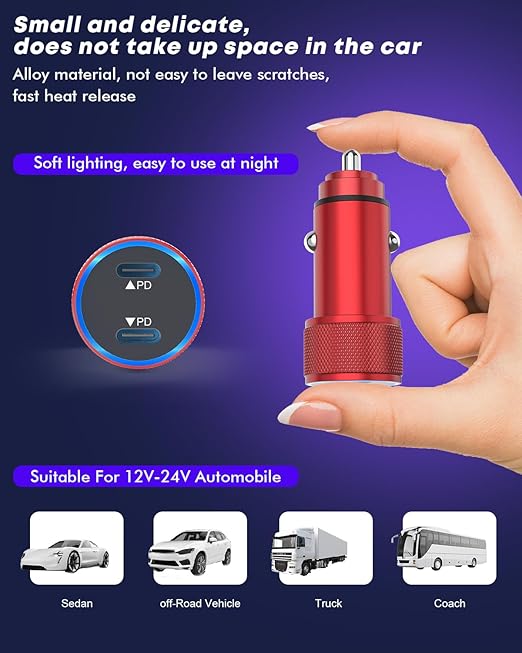 Fast Car Charger for iPhone 16,USB C Charging iPhone 2Pack Dual USB C Port Car Charger Block Cigarette Lighter Adapter Plug with Woven Braided USBC to USBC Cord for iPhone 16/16 Pro/15/iPad(Red)