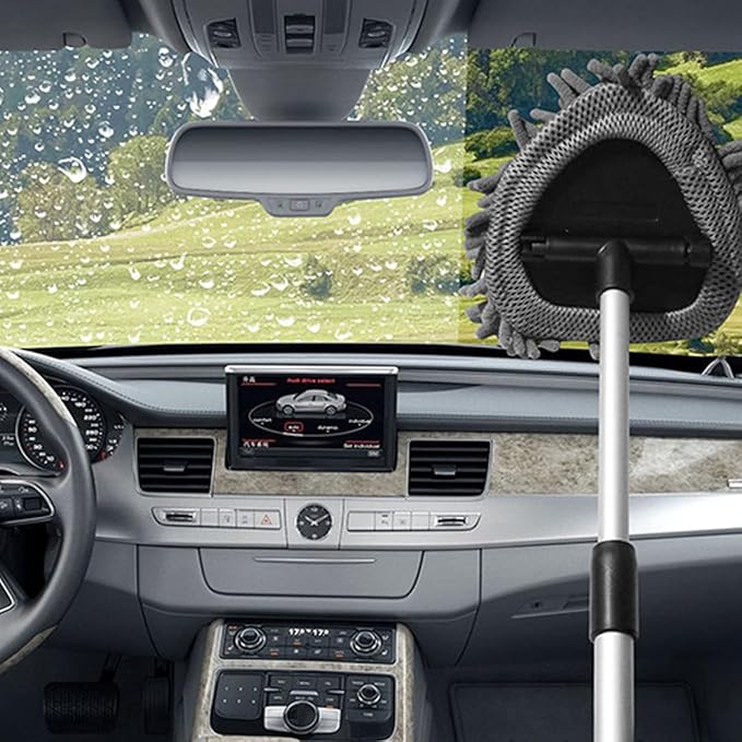 Car Windshield Cleaner Tool, Vehicle Window Cleaner with Extendable Handle & 3 Reusable and Washable Pads, Auto Glass Wash Brush Accessories, Universal for SUV RV Truck (Triangular)