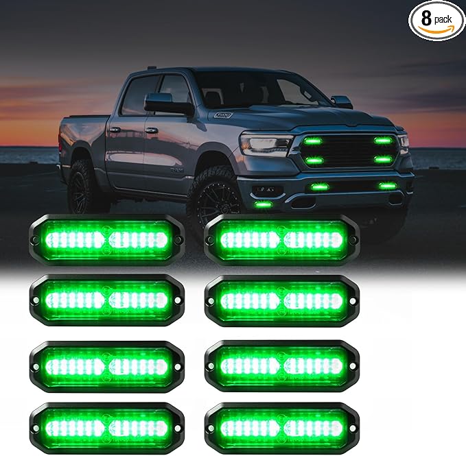 WINECO Green 8pcs Ultra Slim LED Emergency Strobe Police Lights, Surface Mount Grill Grille Hazard Safty Warning Flashing Light for Volunteer Trucks Vehicles