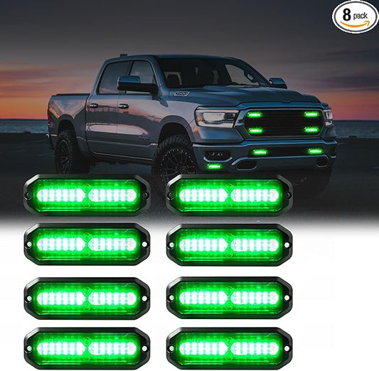 WINECO Green 8pcs Ultra Slim LED Emergency Strobe Police Lights, Surface Mount Grill Grille Hazard Safty Warning Flashing Light for Volunteer Trucks Vehicles