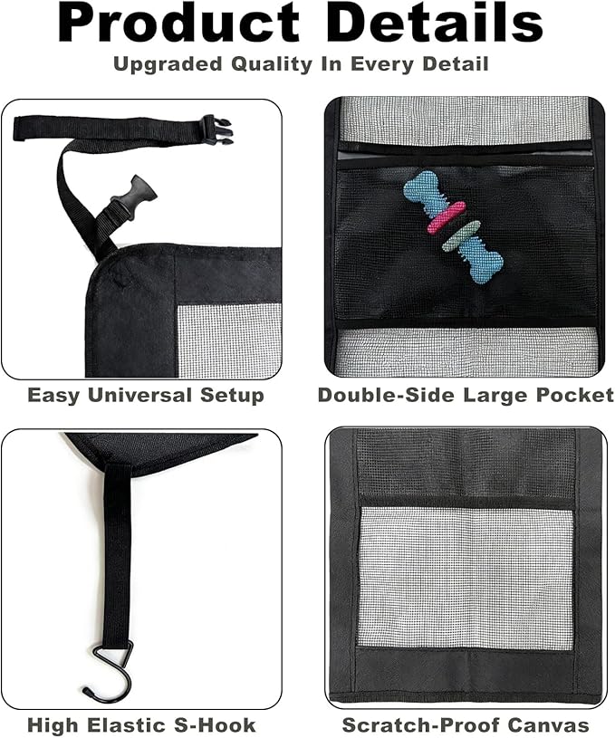 Dog Car Barrier & Seat Belt Set, Heavy Duty Canvas Car Seat Divider for Dogs with Double-Sided Organizer, Adjustable Elastic Straps, Precision Fit for SUVs & Cars, Pet Travel Safety Kit