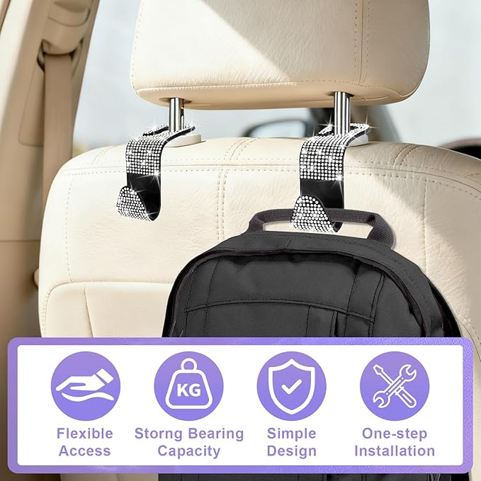 BFXM 6 Pack Bling Car Seat Headrest Hooks, Rhinestone Purse Hook for Car, Universal Storage Organizer for Handbag Grocery Bags Coats, Bling Car Accessories for Women (Bling White)